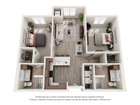 Floor plan for 2 beds, 2 baths, 1042 sqft